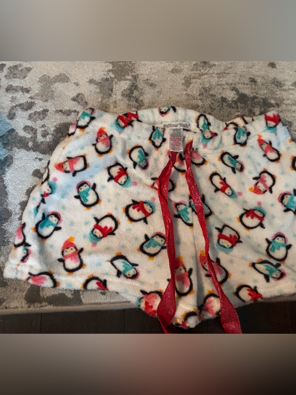 Cozy Plush Penguin Print Sleep Shorts with Red Drawstring